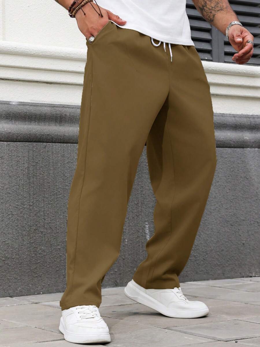 Manfinity Homme Plus Size Men's Solid Color Drawstring Waist Pocket Casual Loose Pants - Brown - View 1