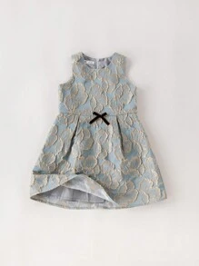 PrepCrw Young Girls' Spring/Summer Blue Jacquard Weave School Style Waist Gathered A-Line Round Neck Dress