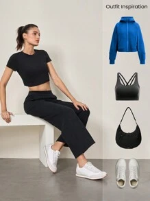 GLOWMODE 混紡棉毛絨寬鬆闊腳褲,配口袋舒適保暖 - 黑色 - 查看 5