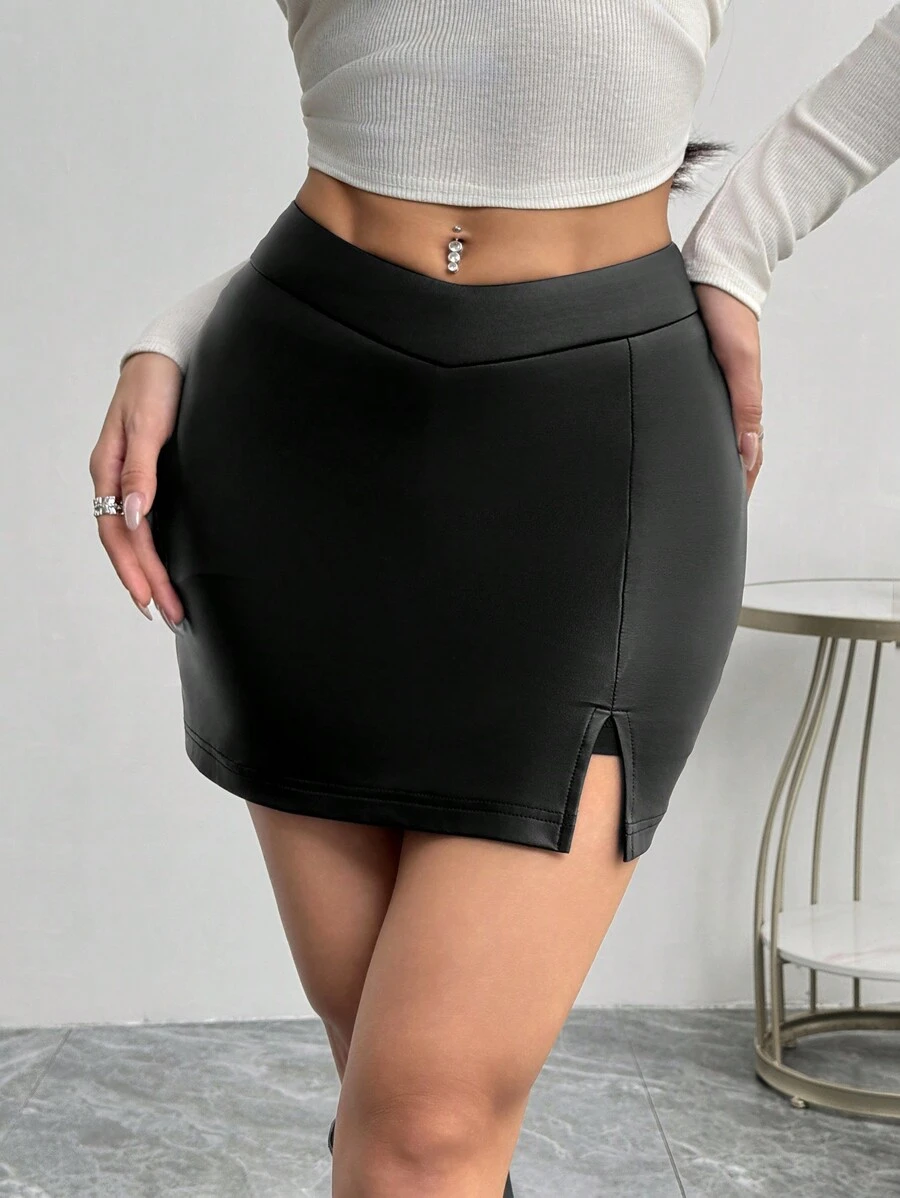 SHEIN EZwear Women Solid Color PU Leather Slit Mini Skort - Maroon - View 1