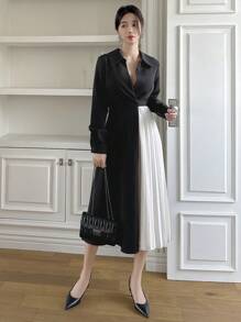 DAZY Contrast Color Pleated Panel Midi Dress For Women Shirt Dress,Fall Dress Long Sleeve Dress - Black - View 12
