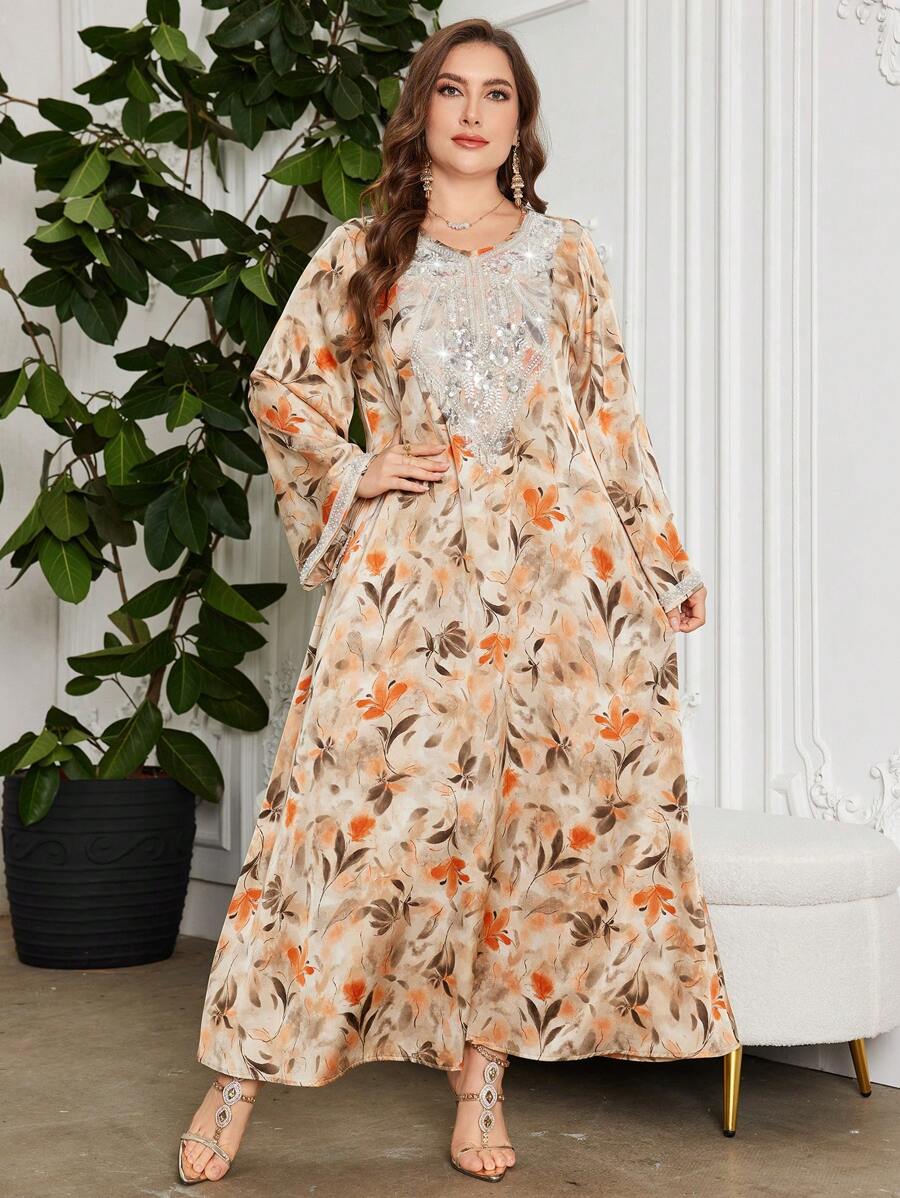 SHEIN Najma CURVE 全新优雅长袖印花珍珠刺绣奢华女士长袍 - 杏色 - 查看 1