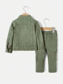 SHEIN Ensemble de 2 pièces pour bébés garçons : une veste en jean à manches longues décontractée et un pantalon en jean avec poches cargo, pour une tenue de sortie