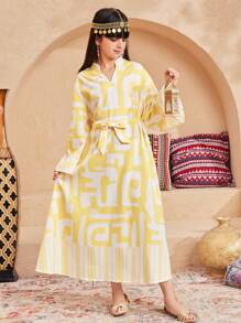 SHEIN Tween 女童宽松休闲立领几何图案长袖中长连衣裙 - 白色 - 查看 5