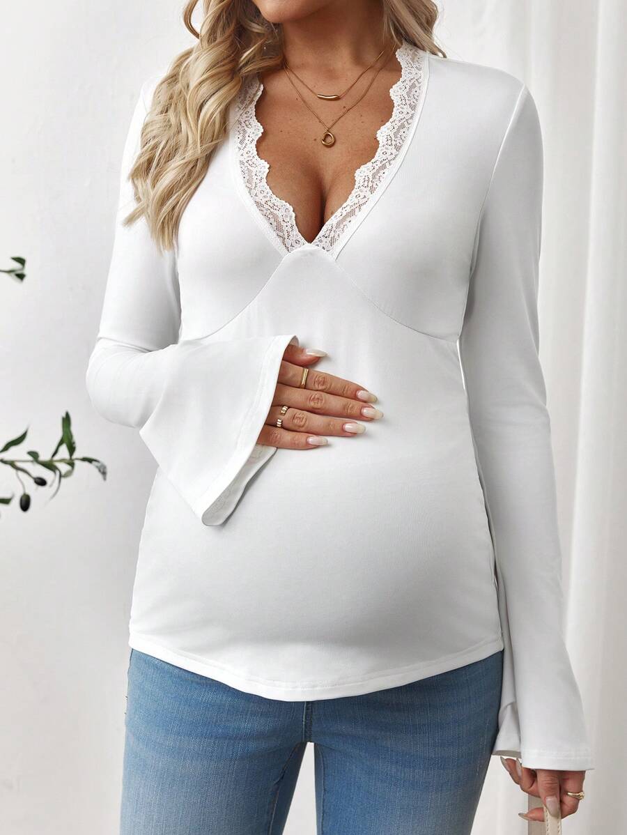 SHEIN Lace Patchwork Simplicity Maternity T-Shirt, White - White - View 1