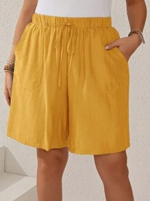 EMERY ROSE Plus Size Women's Texture Striped Elastic Waist Drawstring Pocketed Straight Dark Blue Shorts For Summer - Yellow - View 3