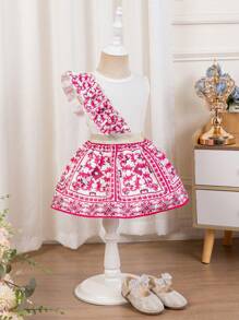 SHEIN Leap Crew Babygirl Summer Cute Floral Print Ruffled Trim Top And Skirt Set - Pink - View 3