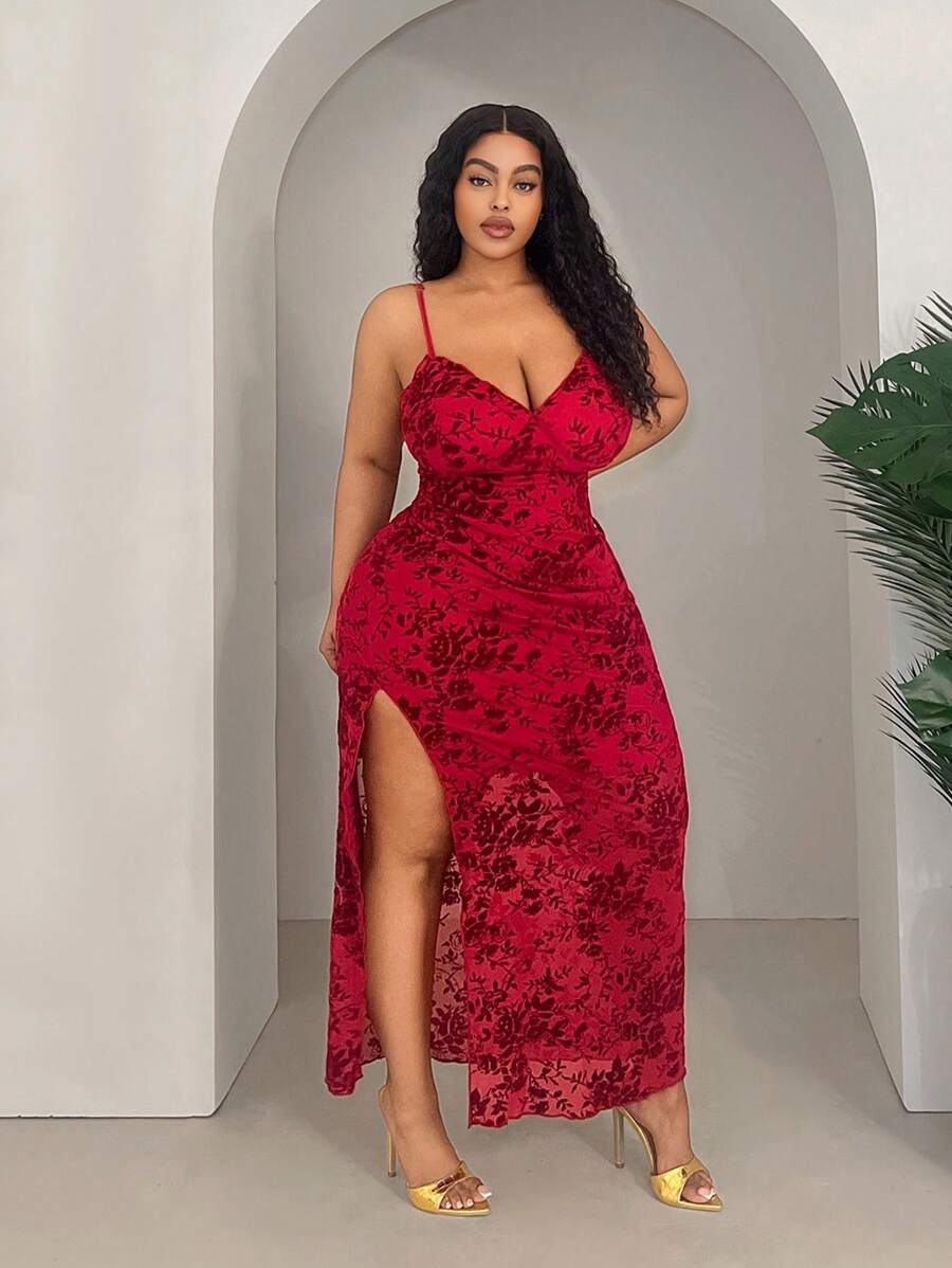 Slaydiva 大码女式细肩带开衩下摆简约休闲性感连衣裙 - 紅色 - 查看 1