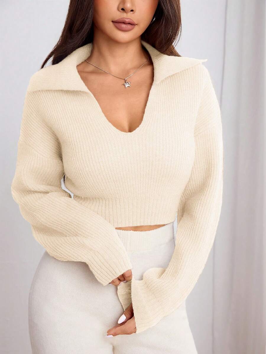 SHEIN Unity 女士纯色落肩长袖短款毛衣，秋冬款