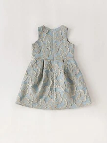 PrepCrw Young Girls' Spring/Summer Blue Jacquard Weave School Style Waist Gathered A-Line Round Neck Dress