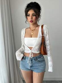 Chiquease 新款宽松针织镂空系带休闲开衫，轻薄女式薄针织前开外套 - 白色 - 查看 7