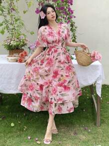 Joudiya Vestido midi floral vintage con cuello en V y mangas con volantes para mujer