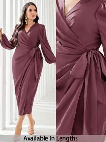 SHEIN PETITE CURVE Vestido de mujer talla grande de manga farol elegante con nudo lateral y envolvente