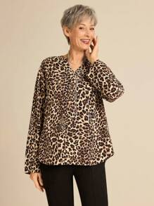 SHEIN LUNE 女士 V 领豹纹长袖休闲衬衫 - 彩色 - 查看 5