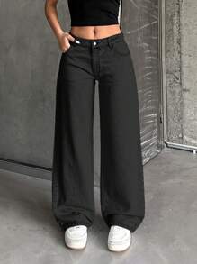 SHEIN Cottnline 100%Cotton Low-Waist Light Blue Washed Wide Leg Jeans - Black - View 7