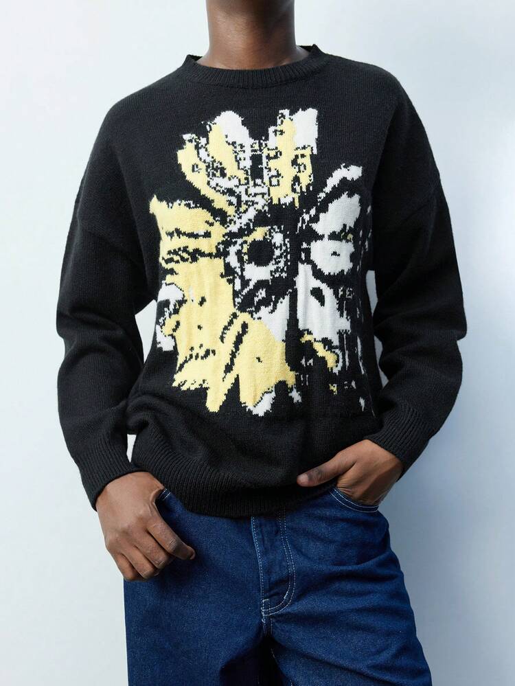 SHEIN Maija Damen weicher und warmer schwarzer Rundhals Langarm Loose Fit Jacquard Strickpullover, vielseitig Lässig zu kombinieren, Hippie-Stil für Herbst/Winter