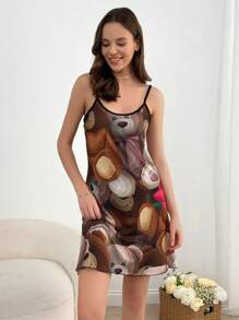 RueChic Vestito da casa/da relax in viscosa con stampa colorata di orsi, con bordo a lattuga e dettagli di bordatura a contrasto per le donne