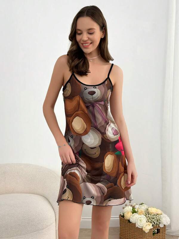 RueChic Vestito da casa/da relax in viscosa con stampa colorata di orsi, con bordo a lattuga e dettagli di bordatura a contrasto per le donne