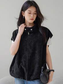 Dazy-Less Áo khoác vest PU rộng rãi, thường ngày cho nữ, thiết kế tối giản, quần áo mùa thu - màu đen - Xem 1