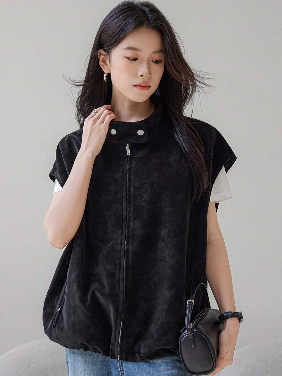 Dazy-Less Áo khoác vest PU rộng rãi, thường ngày cho nữ, thiết kế tối giản, quần áo mùa thu - màu đen - Xem 1