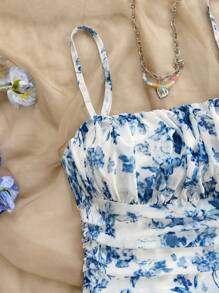 Soleia 大码女式波西米亚风返校花卉印花荷叶边度假连衣裙，春夏季，适合度假、毕业、返校 - 藍色 - 查看 4