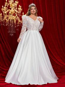 Vestido de novia de talla grande con mangas abullonadas, empañuelado de encaje y satén, y detalle de lazo en la espalda para tallas grandes - Blanco - Ver 5