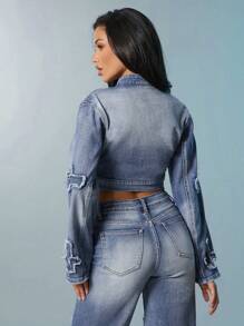 Denimoi Fashion Cross Patch Cropped Denim Jacket - Medium Wash - View 2