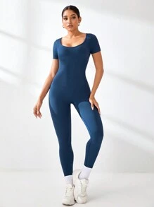 Gameset SHEIN Sport Women's Solid Color Short Sleeve Jumpsuit, Casual And Minimalist Design, Suitable For Daily Wear - Navy Blue - View 5