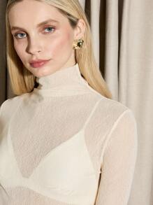 AiiRZ Elegant Sheer Mesh Turtleneck Long Sleeve Layering Top Autumn Winter Holiday Evening Party Modern Fashion Wardrobe Essential - Apricot - View 4