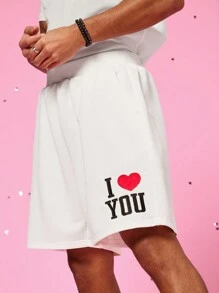 Manfinity VCAY Unisex Casual Knit Shorts With "I Love You" Letter And Heart Embroidery, Elastic Waist Straight Leg - White - View 2