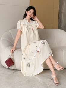 DAZY Vestido casual largo de verano para mujer con estampado floral, escote en V y mangas cortas abullonadas