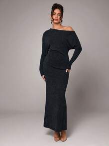 SHEIN BAE 女士纯色深灰色花卉不对称领长袖紧身不对称肩部性感时尚连衣裙，适合鸡尾酒会、浪漫约会、秋冬分层连衣裙、派对、婚礼伴娘、万圣节、圣诞节 - 深灰色 - 查看 5