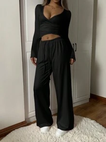 SHEIN EZwear 女士高领系带长袖上衣和裤子瑜伽休闲运动套装 - 黑色 - 查看 4