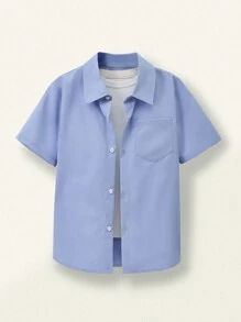 SHEIN Casuvi Kids 1 件男童简约干净休闲蓝色衬衫，百搭