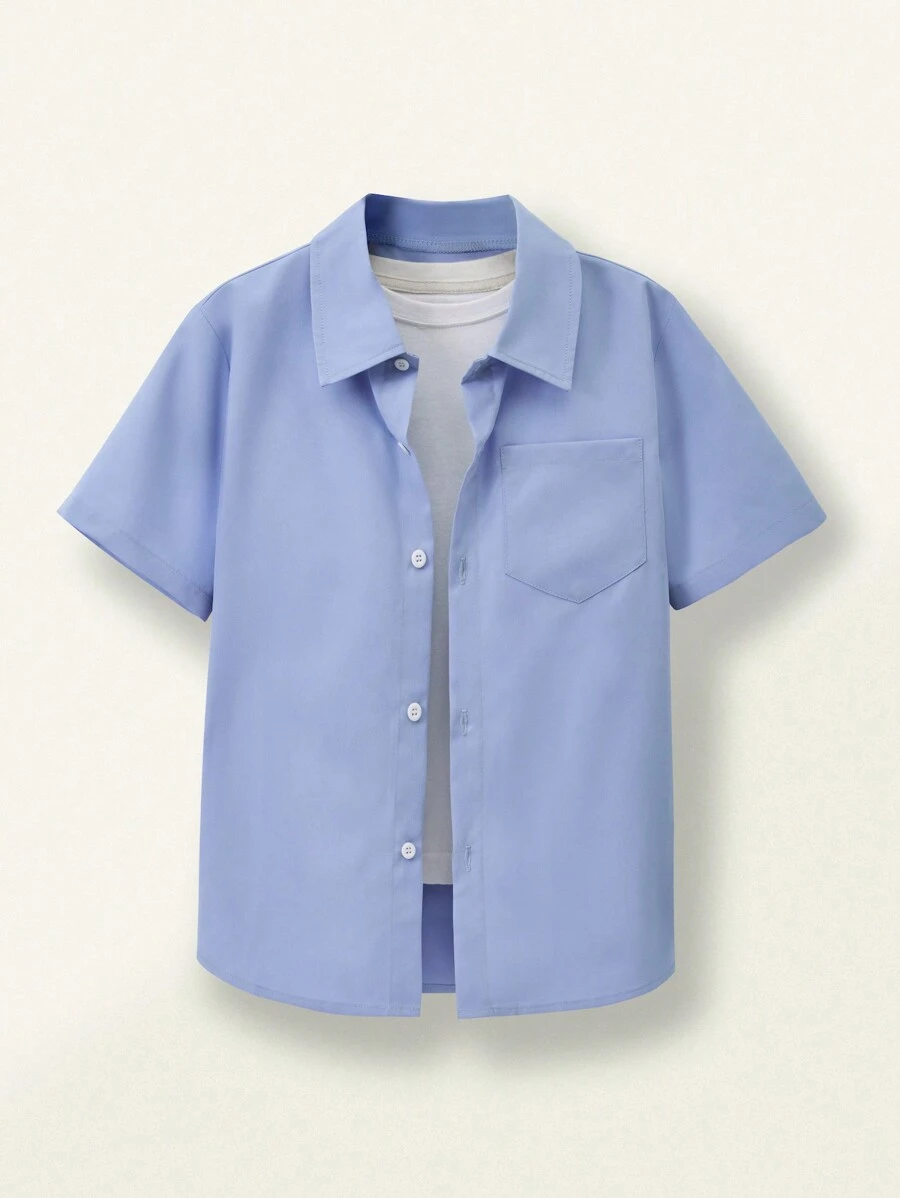 SHEIN Casuvi Kids 1 件男童简约干净休闲蓝色衬衫，百搭