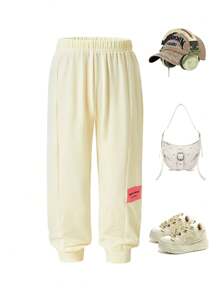 Girls Elastic Waist Drawstring Pants, Casual Spring/Autumn Long Trousers For Young Girls - Apricot - View 1