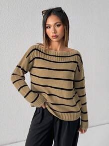 SHEIN PETITE 女士不对称领口长袖条纹毛衣