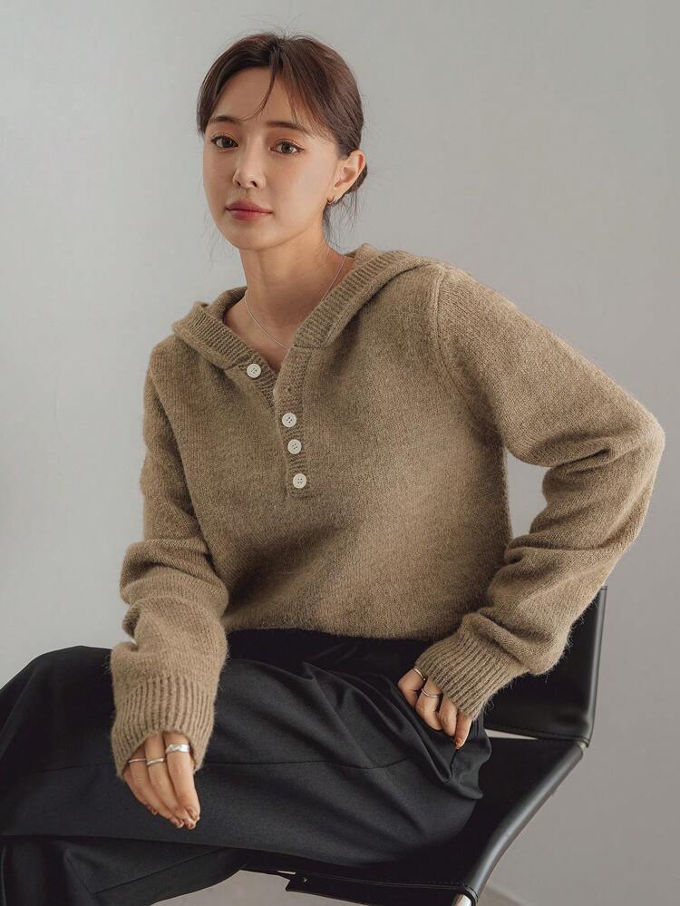 Women Solid Color Hooded Knitted Sweater,Fall Clothes