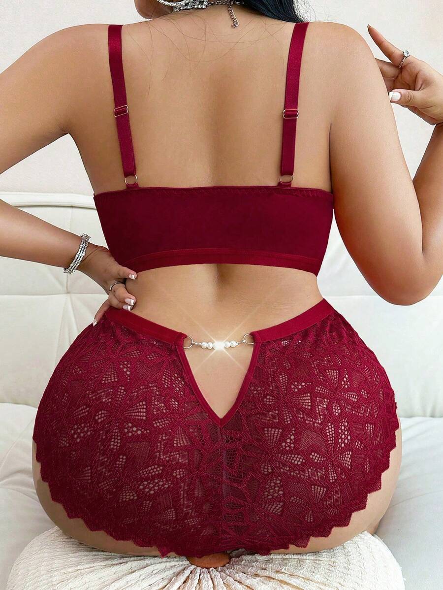 Snug Zone 2pcs Plus Size Contrast Lace Wireless Bra Set Lingerie, Lift - Burgundy - View 1