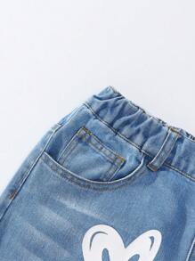 SHEIN Tween Girls Heart Print Washed Blue Straight Leg Jeans - Light Wash - View 5