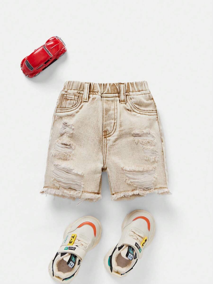 SHEIN Quần short denim kaki ống đứng rộng rãi, rách rưới, dáng suông, phong cách thường ngày cho bé trai, thích hợp cho mùa xuân/hè và kỳ nghỉ xuân. - Màu Khaki - Xem 1