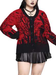 ROMWE Áo len cardigan dáng rộng in họa tiết kinh dị Gothic mùa đông/giáng sinh, quạ, dơi, mặt trăng, nghĩa địa, cành cây, cây cảnh cỡ lớn, khối màu, cỡ lớn - Đỏ - Xem 5
