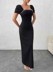 EURMUSE Elegant Style, Square Neck With Faux Diamond Detailed Long Black Dress - Black - View 4