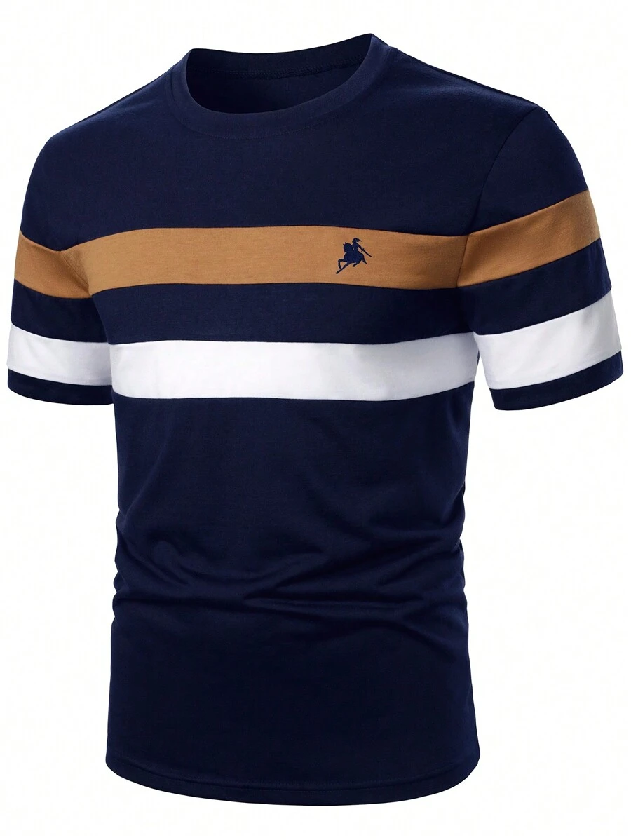 Manfinity Homme Men's Color Block Round Neck Short Sleeve Casual T-Shirt - Navy Blue - View 1