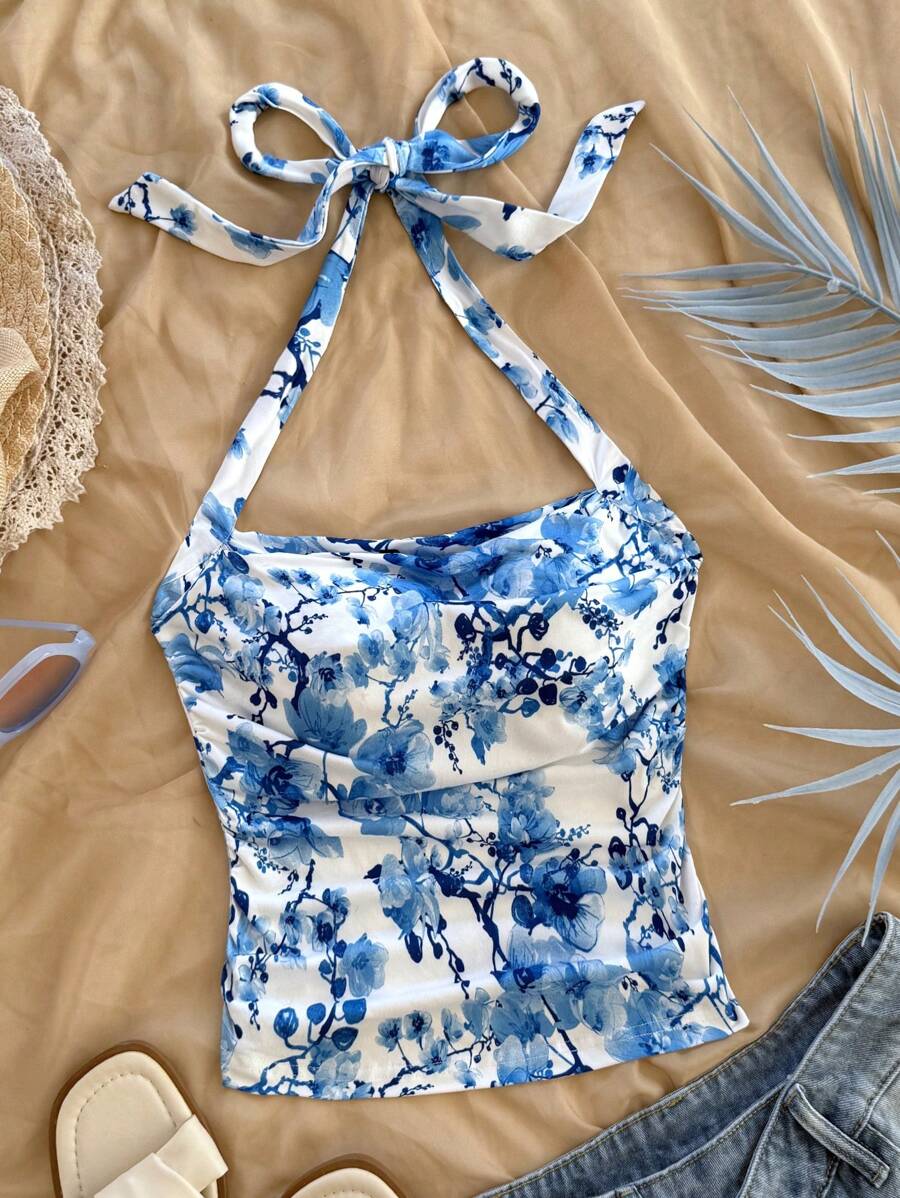 Soleia 女士节日蓝白花卉图案吊带蝴蝶结，褶皱腰修身吊带背心，时尚适合春夏季、派对、约会、情人节、狂欢节、复活节 - 藍白色 - 查看 1