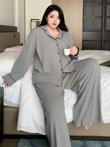 Dazy Plus Solid Color Turndown Collar Loose Pajamas Set, Sleepwear All Season - Grey - View 5