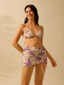 CAJUNI Women's Boho Tropical Colorful Coconut Tree Print Casual Holiday Summer Beach Swimwear Bottom Skirt