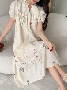 DAZY Vestido casual largo de verano para mujer con estampado floral, escote en V y mangas cortas abullonadas
