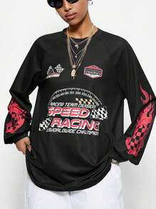 SHEIN EZwear Women's Ricing Game Day Long Sleeve Patchwork Printed Jersey T-Shirt,Couple Same Style - Black - View 1