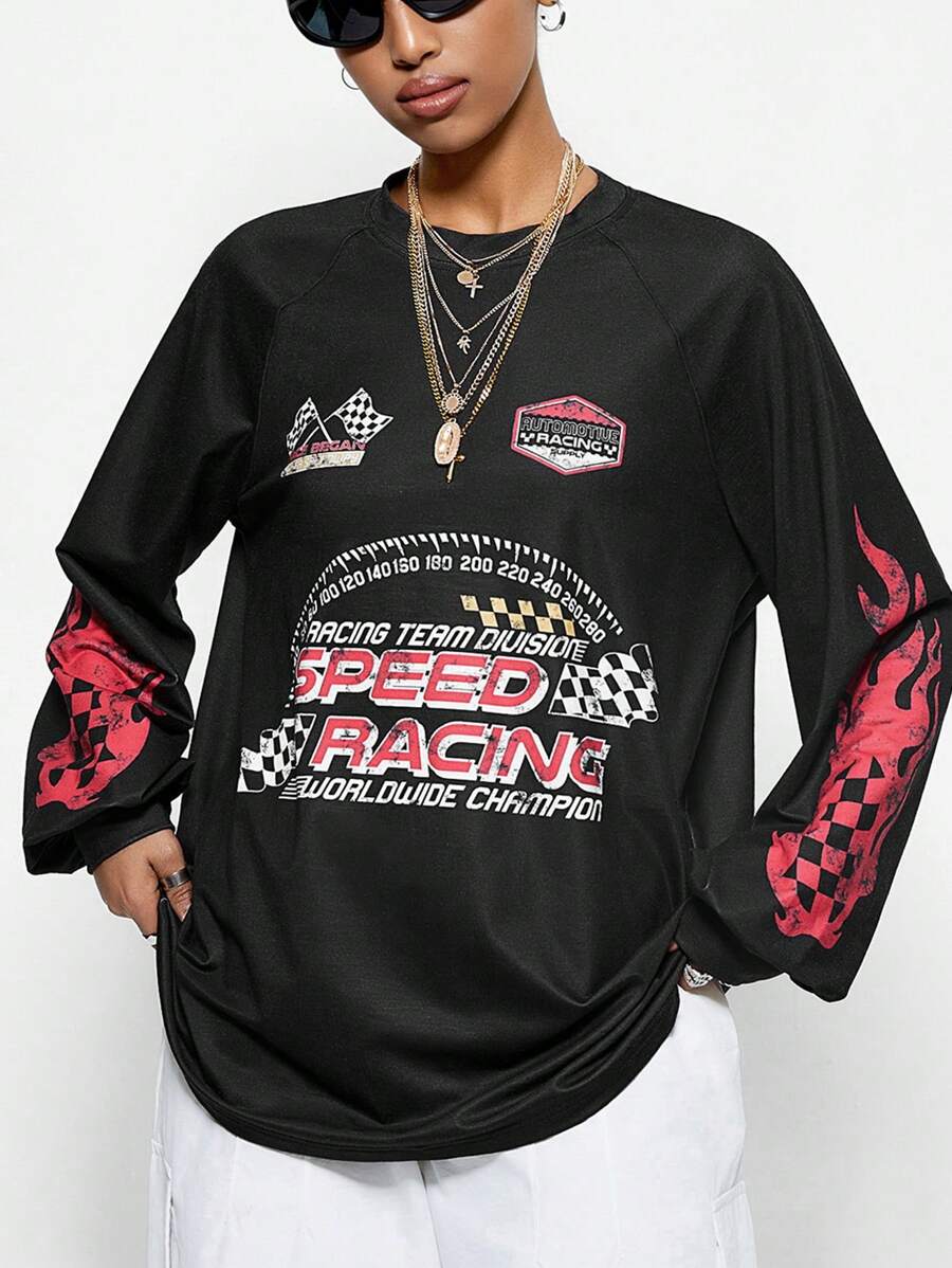 SHEIN EZwear Women's Ricing Game Day Long Sleeve Patchwork Printed Jersey T-Shirt,Couple Same Style - Black - View 1